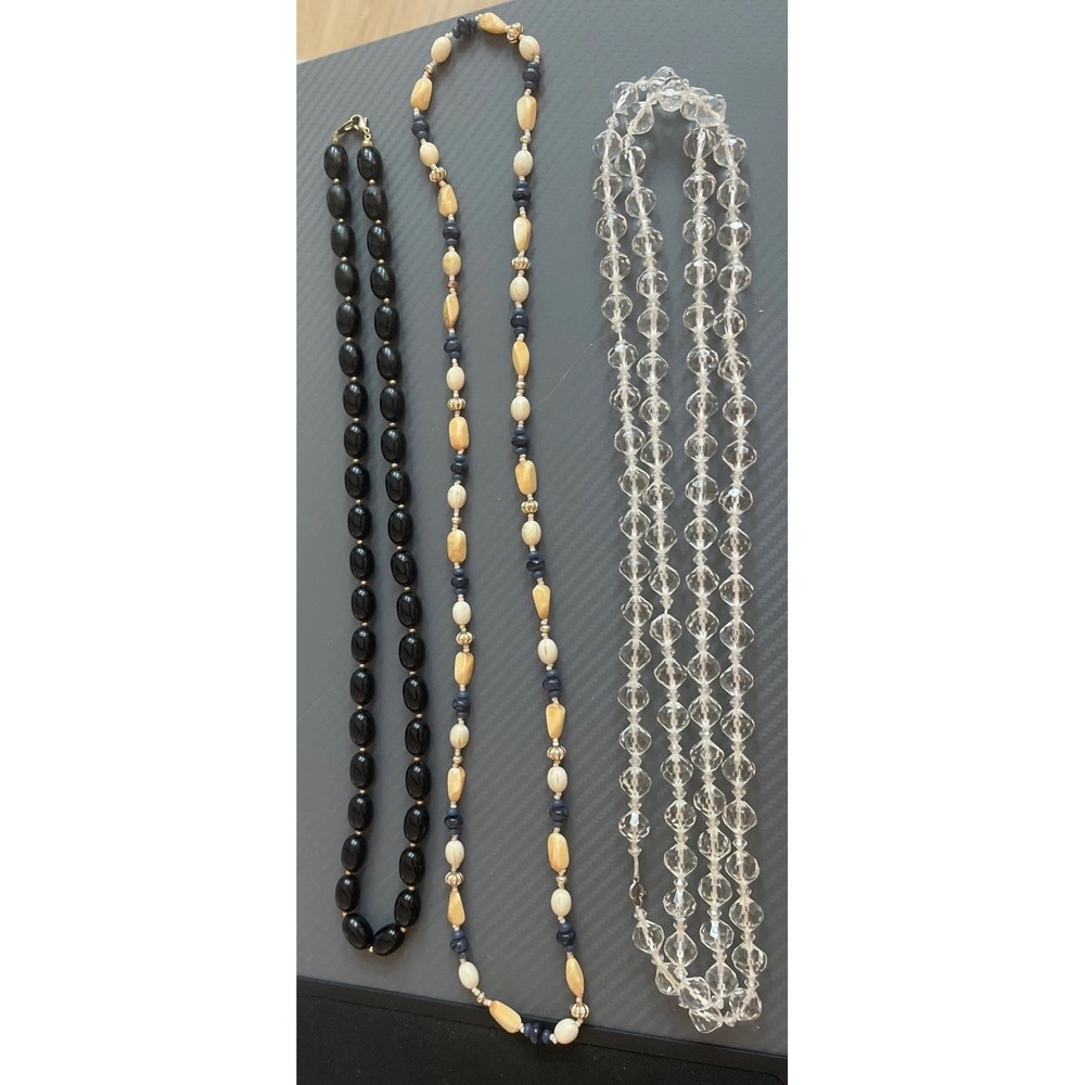 Vintage Lot Of 3 Mixed Jewelry Necklaces Crystal Gemstone Wood